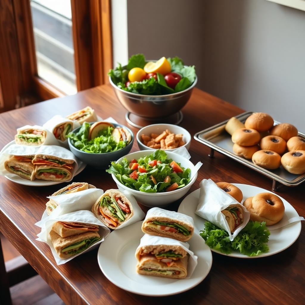 Catering spread — wraps, salads, and sides